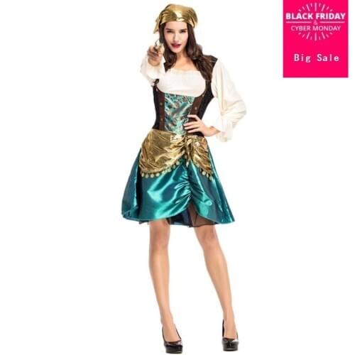 2018 new gorgeous womens pirate costume dress gold green stitching game suit European and American stage costume cosplay L928