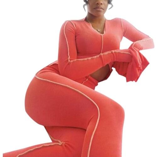 Casual Workout Sporty Patchwork Two Piece Set Women Flare Long Sleeve Cropped Slim Pants Bodycon Outfits Tracksuit Matching Suit