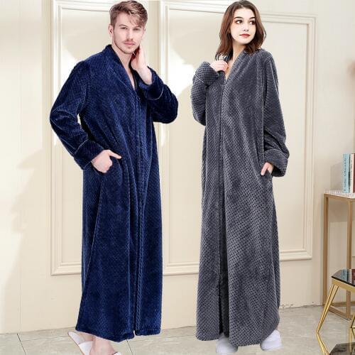 Men Winter Plus Size Long Warm Coral Fleece Bathrobe Hooded Cozy Flannel Zipper Bath Robe Night Dressing Gown Women Sleepwear