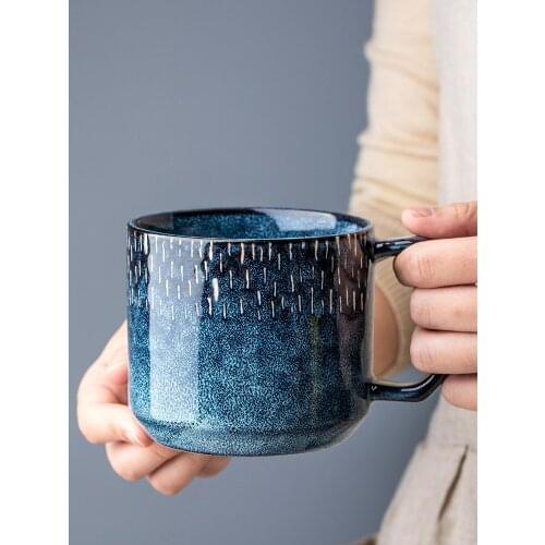 370Ml Blue Ceramic Coffee Mugs And Spoon RetroTravel Mug Milk Tea Dessert Cup Kiln Baked Porcelain Water Cups Home Drinkware