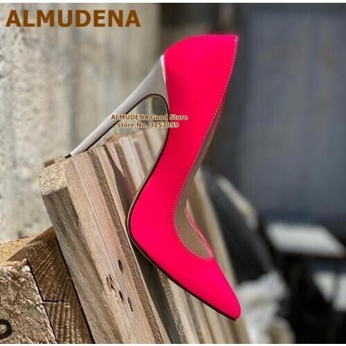 ALMUDENA White Thin High Heels Pink Neon Yellow Wedding Shoes Slip-on Pointed Toe Denim Gladiator Pumps 12cm 10cm 8cm Dropship