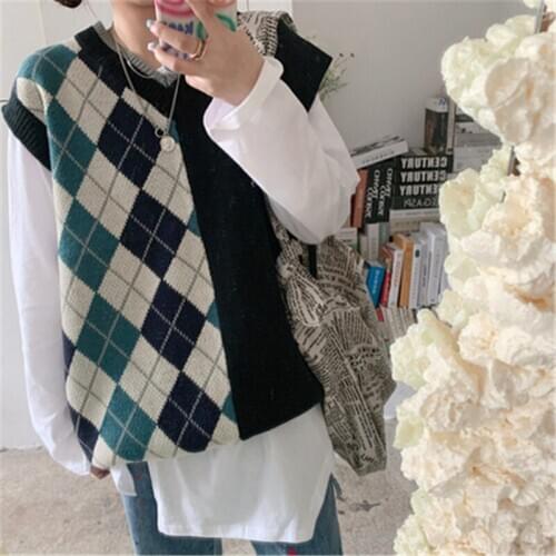 Vintage Argyle Vest Korean Style Casual V-neck Sleeveless Thicken Sweater Female 2020 Hit Color All-matching Knitwear 5F066