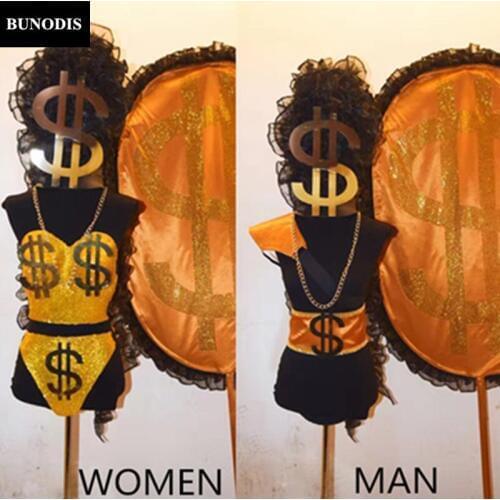 ZD026 Dollars Costume DJ DS Singers Bodysuit Women & Man Bling Outfit Nightclub Celebrate Party Stage Wear Costume