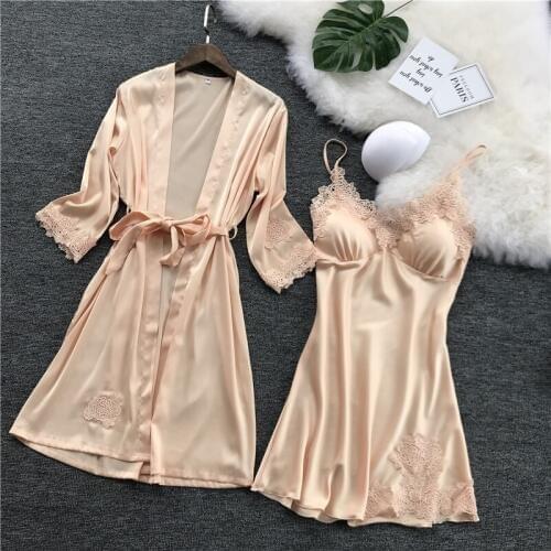 2019 Sexy Summer Camisole Night Skirt Robe Suit Imitate Real Silk Home Furnishing Serve Bring Chicken Fillet Pajamas Woman