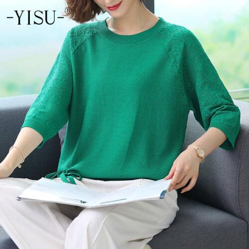YISU Women Pullover O-Neck Short sleeve Coat Long sleeve Sweater Summer TopS Loose Thin Femalet Knitted Hedging