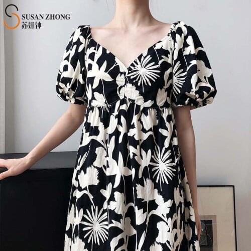 Women Summer Dress Short Sleeve Lantern Female One-Piece Flower Print Cotton V-Neck Empire Shirring Waist Bohemia Beach Elastic