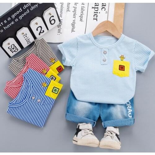 2021 Summer Children Toddler Girls Striped Clothes Baby Boys Cotton T Shirt+Denim Shorts 2Pcs/sets Kids Outfit Casual Sportswear