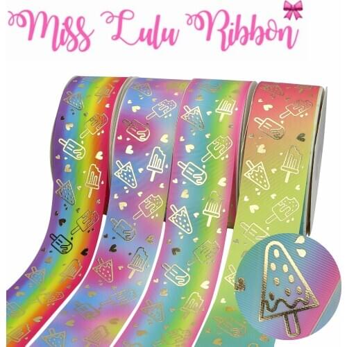 3"75mm Gold Foil Ice Cream Heart Printed Gradient Color Grosgrain Ribbon DIY Bowknots Hair Band Making 50yards/roll