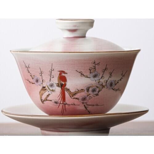 Antique Garden Bird Gaiwan Retro Coarse Pottery Kiln Hand Made Ceramic Tea Bowl Tureen Drinkware Home Decor Tea Ceremony