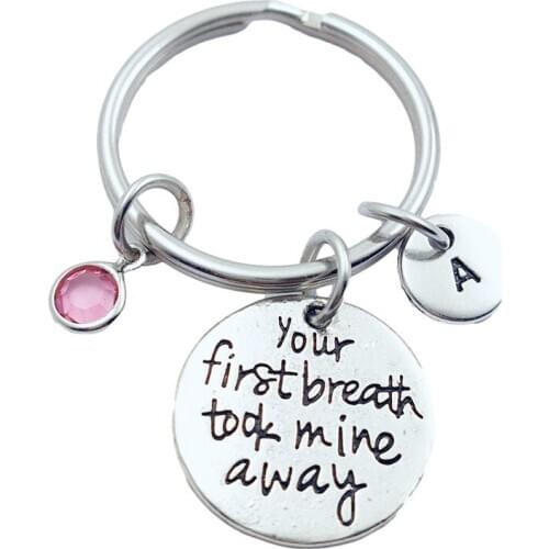 Your First Breath Took Me Away Keychains Creative Initial Letter Monogram Birthstone Keyrings Fashion Jewelry Women Pendants