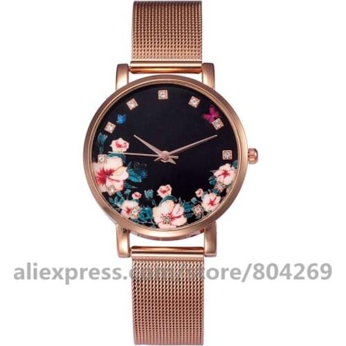 Wholesale Luxury Casual Women Rose Gold Flower Rhinestone Wrist Watches Fashion Female Quartz Watch Relogio Feminino