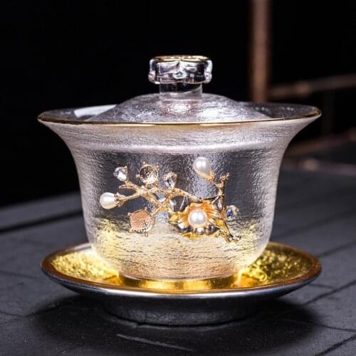 Japanese-Style Tinned Glass Cover Teacup Gold Heat-Resistant Thickening Three-Piece Tea Bowl Large Tea Making Kung Fu Gaiwan