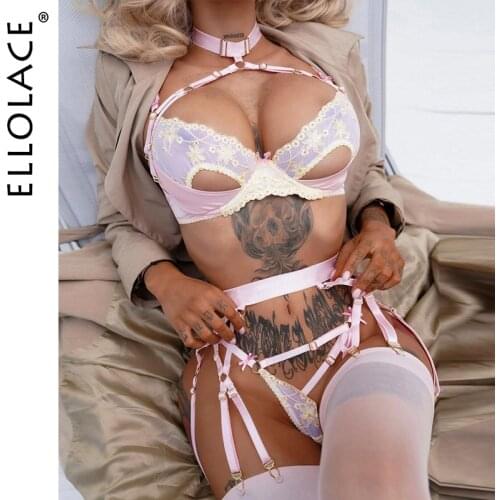 Ellolace Sensual Lingerie Erotic Halter Transparent Hollow Out Underwear Underwire Bra Lace Embroidery Bandage Exotic Sets