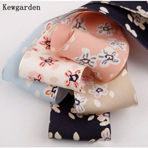 Kewgarden 1-1/2" 40mm Printed Flower Cotton Linen Ribbon Handmade DIY Satin Bow Tie Hair Accessories Craft Supplies 5 Yards