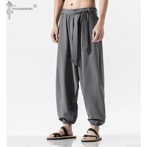 Harajuku Kimono Japanese Costume for Man Wide Leg Pants Casual Bandage Loose Linen Trouser Male Harlan Haori Samurai Cotton Pant