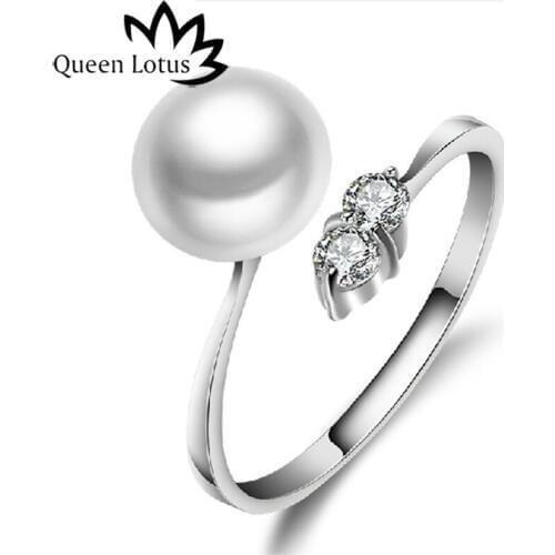 Queen Lotus Classic Luxury Pearl Ring Silver Color Wedding Rings For Women Lady Adjustale Size Jewelry Gift