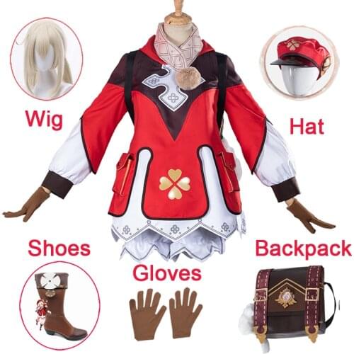 Genshin Klee Cosplay Costume Wig Shoes Backpack Bag Hat Gloves Halloween Women Girls Game Sets Impact Project