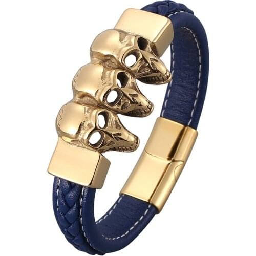 Trendy Blue Leather Men Skull Bracelet Bangles Gold Stainless Steel Magnetic Buckle Wristband Hip Hop Jewelry Accessories PD0833