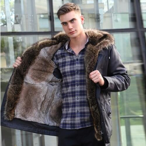 2021 Rabbit Fur Liner Mens Natural Winter Real Fur Coat Bomber Jacket Locomotive Real Fur Coat Leather Real Raccoon Fur Parka