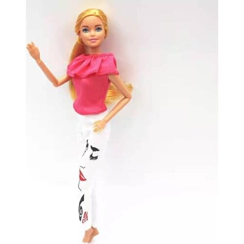 Fashion Top Trousers 1/6 BJD Doll Outfits for Barbie Clothes Ruffled Collar Rosy Shirt Face Print Pants 11.5" Dolls Accessories