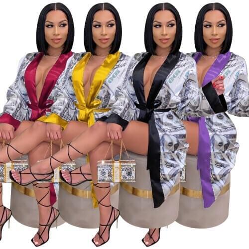 Zoctuo Sexy Dollar Money Print Pajamas Sleepwear Night Gown Home Clothes Satin Robes for Women Bathrobe Loungewear Kimono