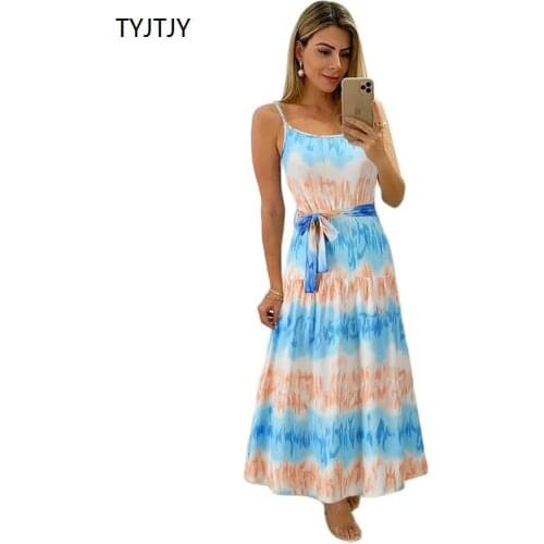 Womens Tie-dye Print Dress Sexy Ladies Sling Sleelveless Banquet Bohemia Loose long Dress kobieta sukienka женское платье