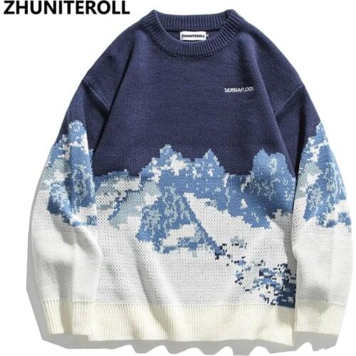 Snow Mountain Knitted Jumper Sweaters Streetwear Mens Hip Hop Harajuku Pullover Knitwear Tops Fashion Knit Outwear Male Couple
