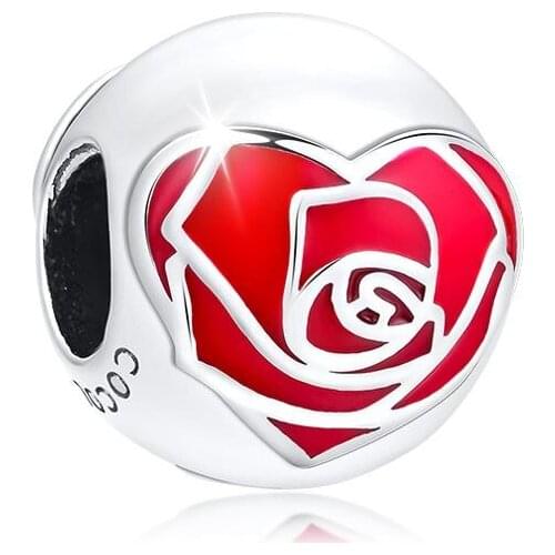Belle Enchanted Rose Heart Charm,Red Enamel Fandola CKK 925 Sterling Silver Fit Bracelet Charms Jewelry Making Gift for Princess