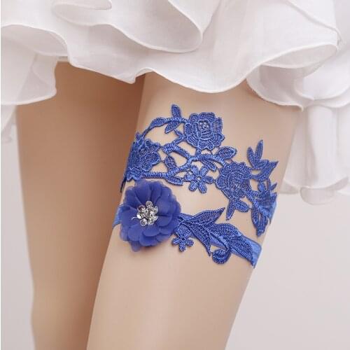 Wedding Garters Rhinestone Lace Blue Embroidery Floral Sexy Garters 2pcs set for Women/Bride Thigh Ring Bridal Leg Garter 5420