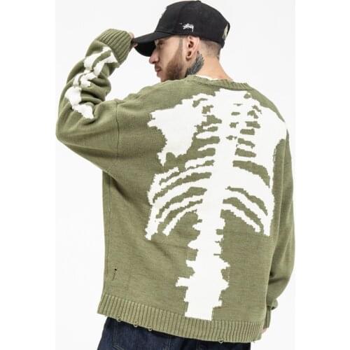 Kapital Green Loose Skeleton Bone Printing Sweater Men Woman Good Quality High Street Damage Hole Vintage 1:1 Knit Sweater