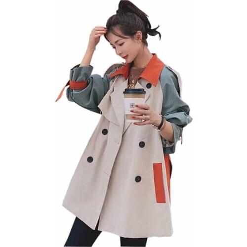 2020 Fashion Paneled Colour Trench Coat Women Plus Size Double Breasted Windbreaker Student Casual Top Loose Thin Outwear KW322