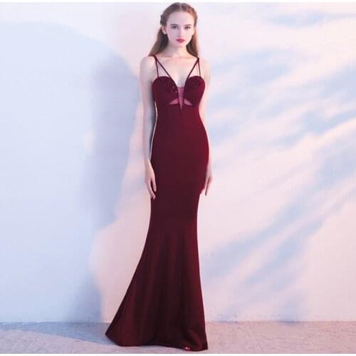 Wine Red Crystal Beading V Neck Spaghetti Strap Empire Waist Floor Length Mermaid Sexy Clubwear Party Dresses Long Elegant Gowns