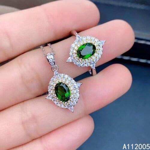 KJJEAXCMY Fine Jewelry 925 Sterling Silver Inlaid Natural diopside Gemstone Luxury Ring Necklace Pendant Set Support test