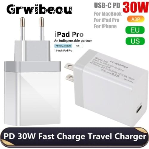 Grwibeou PD 30W Charger QC3.0 USB Type C Fast Charger for iPhone 12 Xs Xiaomi Huawei USB-C Power Adapter apply to C-C C-L cable