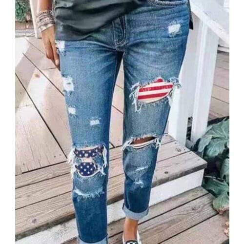 Womens Jeans Ripped Holes Print Womens Jeans Trousers