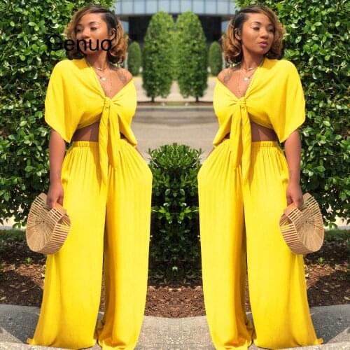 Women Loose Wide Leg Pants Bandage Lace Up Crop Top 2 Piece Set For Female Women V-neck Short Sleeve Two Piece Set Womens Suits