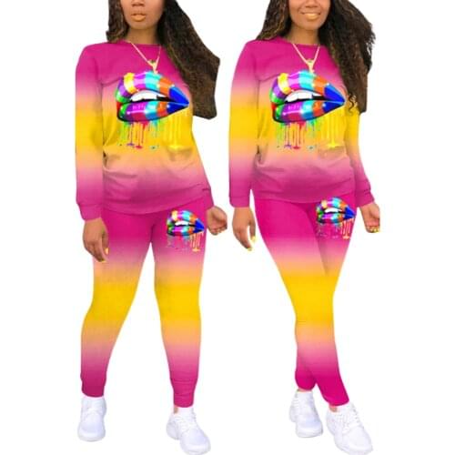 2020 Two Piece Set Women Fashion Gradient Print Bodycon Tracksuit Long Sleeve Top + Biker Joggers Pants Outfits Matching Set