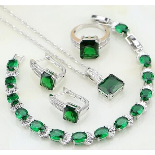 925 Sterling Silver Jewelry Green Cubic Zirconia White CZ Jewelry Sets For Women Wedding Ring/Earring/Pendant/Necklace/Bracelet