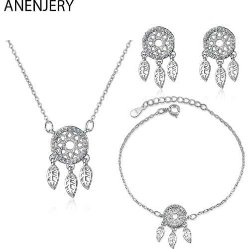 ANENJERY 925 Sterling Silver Jewelry Sets Micro Zircon Dream Catcher Necklace+Earrings+Bracelet For Women Gift