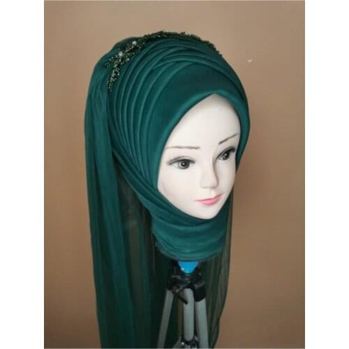 Womens Green Color Muslim Hijab Scarf Ready to Wear Turban Islamic Headscarf Female Head Wraps lycra tulle wedding party