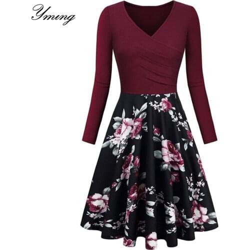 YMING Womens Autumn Floral Long Sleeve Dress Casual Slim Dress Ms. Solid Color Print Elegant Long Dresses
