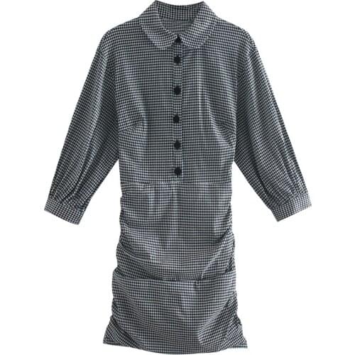 Women Dress Za Vintage Houndstooth Plaid Print Sheath Mini Party Dress Long Sleeve Turn-Down Collar Button Autumn Vestidos Mujer