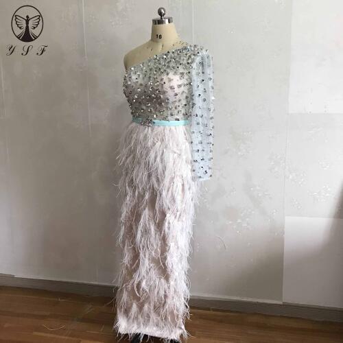 Vintage Vestidos De Fiesta One Shoulder Long Sleeve Beaded Crystals Sheer Top Sashes Sheath Feather Evening Dresses 2019