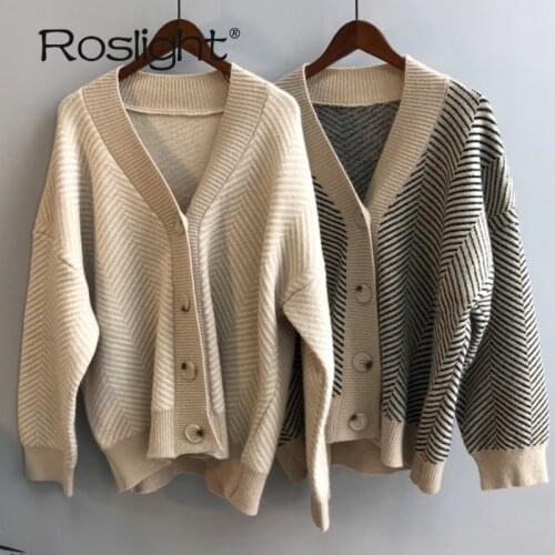 Winter Knitted Cardigan Women Striped Sweater Oversized Loose Sweaters Ladies Long Sleeve Top Jumper Jersey Mujer Cardigans