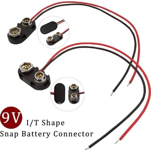 5Pcs/Lot 9v I/T Shape Snap Battery Connector I/T Type Black Hard Shell Buckle Holder 15cm Lead Wire Battery Snap Clip Connectors