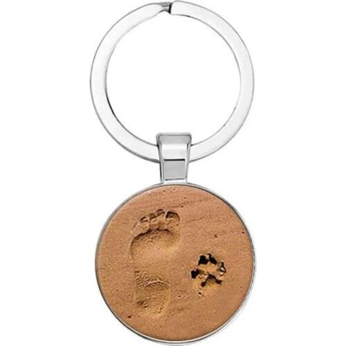 Beach Little Feet Pendant Keychain Retro People Dog Footprints Time Gemstone Glass Fashion Key Chain 25mm Alloy