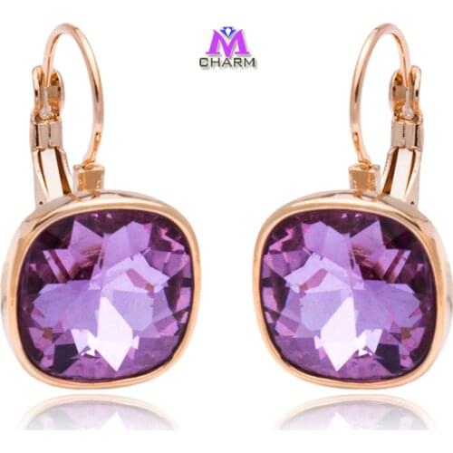 Brand Original!2015 New Fashion Purple Austrian Rhinestone SWA Square Crystal Jewelry Drop Earrings for Women E0612-09