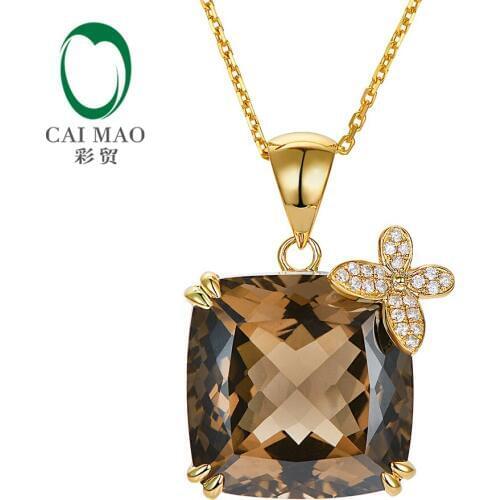 Caimao Jewelry 20.68ct Natural Smoky Quartz 14K Yellow Gold 0.12ct Pave Set Diamonds Pendant