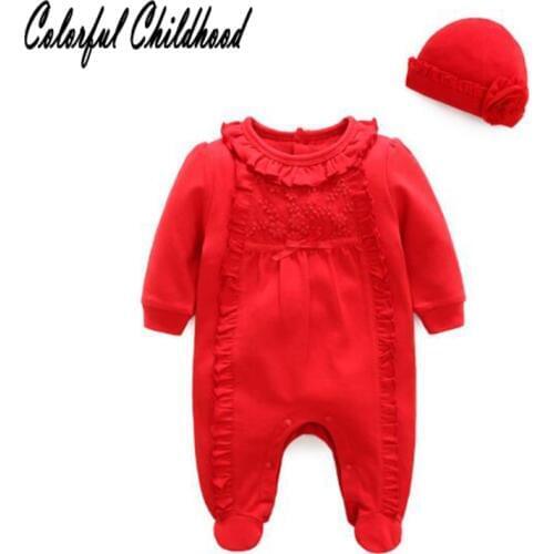 Red baby Xmas clothes long sleeve infant kids lace romper baby girls jumpsuit toddler baby clothing Christmas+hat
