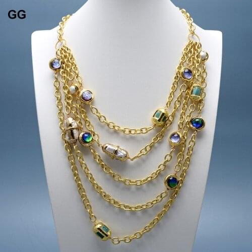 GG Jewelry 5 Strands Multi Color Turquoises Pearl Glass Quartzs Gold Color Plated Chain Layers Necklace 19" Punk Style For Women